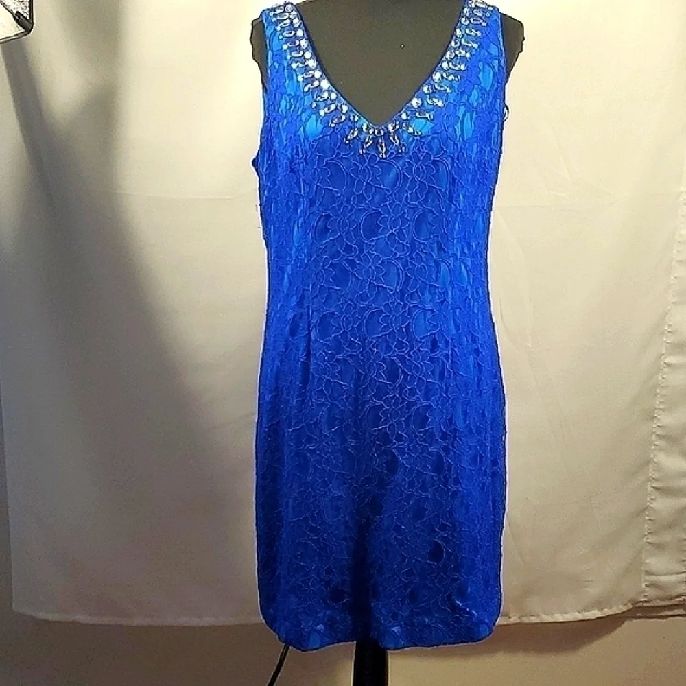 Adrianna Papell Hailey Blue Lace Evening Gown/Dress Size 14